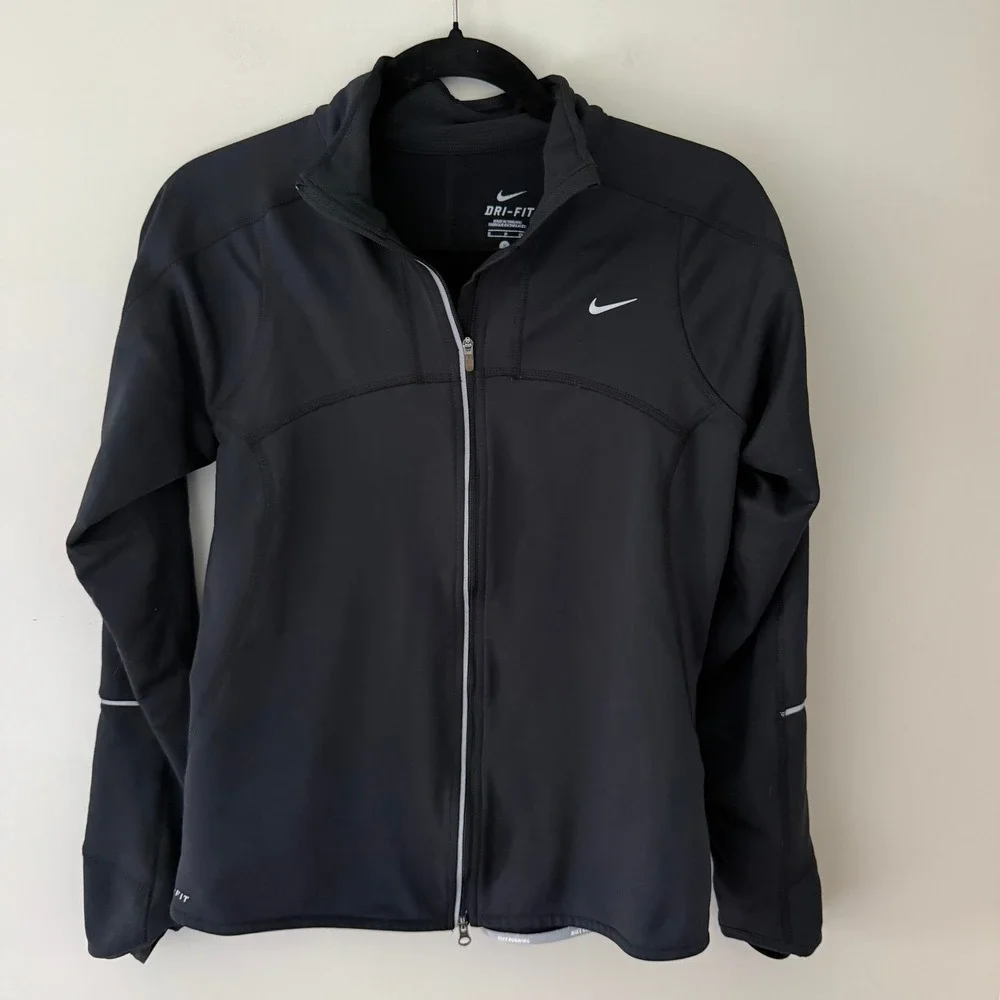 Nike‎ Dri-FIT Running Jacket Womens Small Black Full Zip Reflective Track Coat
